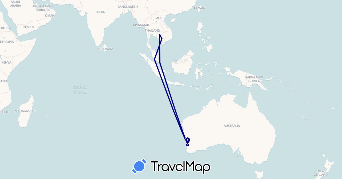 TravelMap itinerary: driving in Australia, Cambodia, Malaysia, Singapore (Asia, Oceania)
